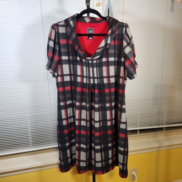 JH $79 XL Black Red White Plaid Short Sleeve Cowl Neck Lined Flannel Mini Dress - Picture 1 of 9